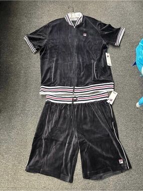 Vintage 90’s Fila Velour Black Short Sleeve Zip-Up & Shorts Tracksuit Size SM